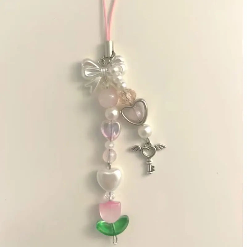Blue and pink phone charm tulip angel keychain