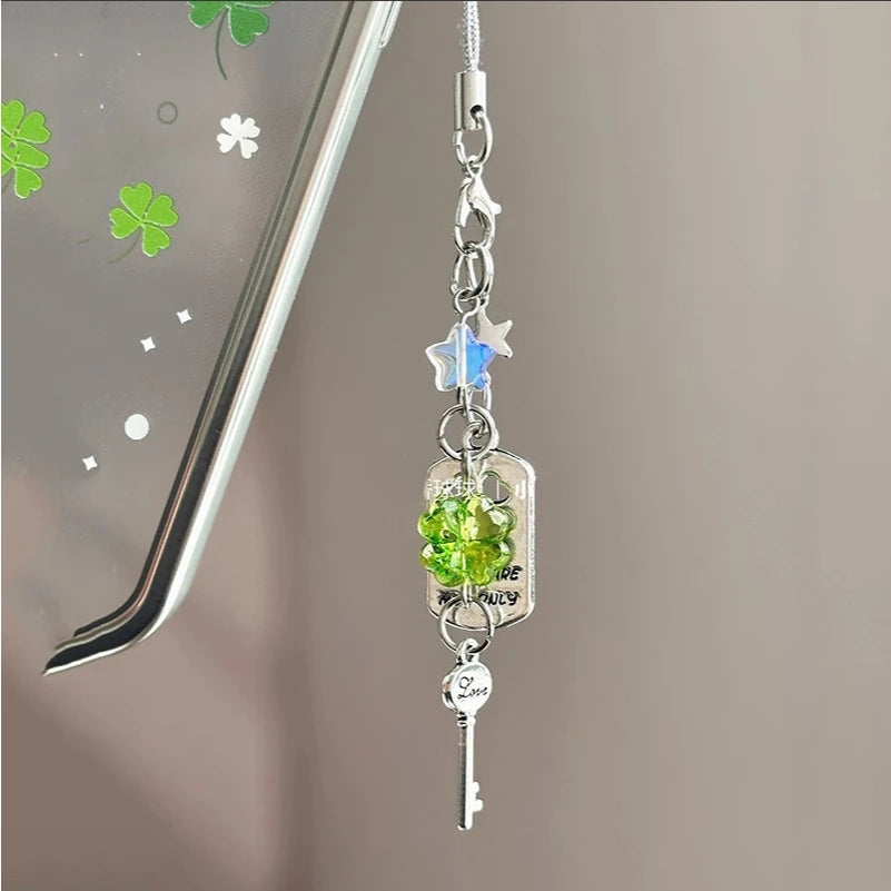 Phone Jewelry Plant Phone Charm Hangings Lucky Four Leaf Grass Phone Strap Keychain Acrylic Charm Suitable for Bags and Keys