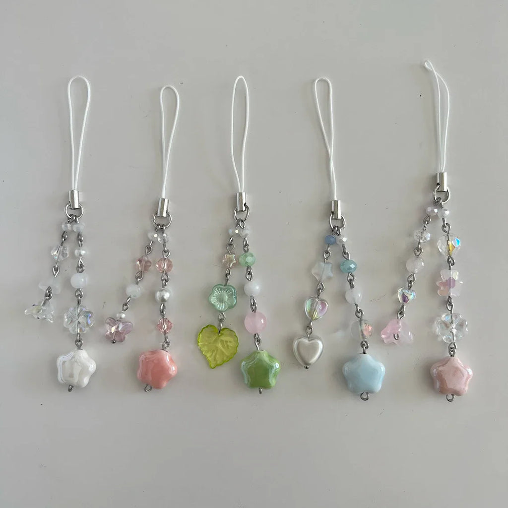 Pastel Star Phone Charms Stainless Steel Glass Ceramic Beaded Keychains