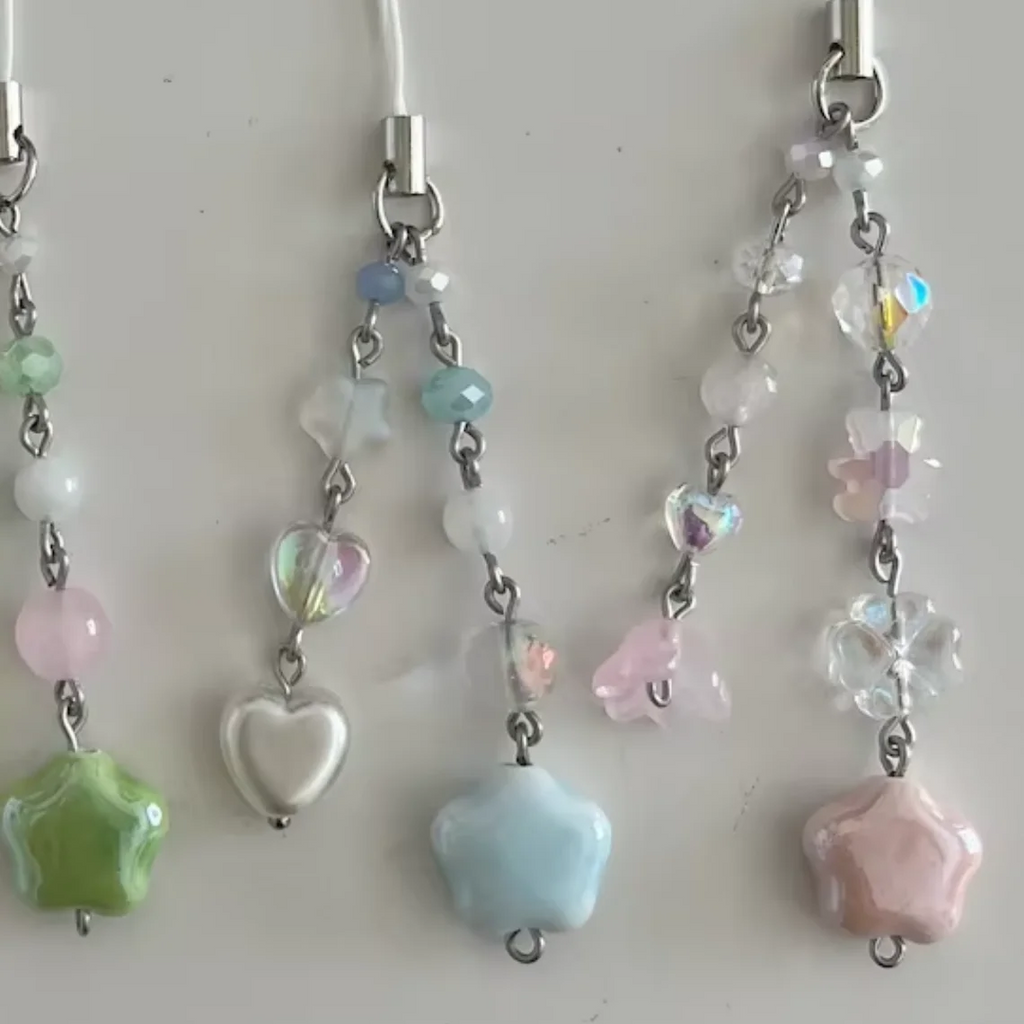 Pastel Star Phone Charms Stainless Steel Glass Ceramic Beaded Keychains