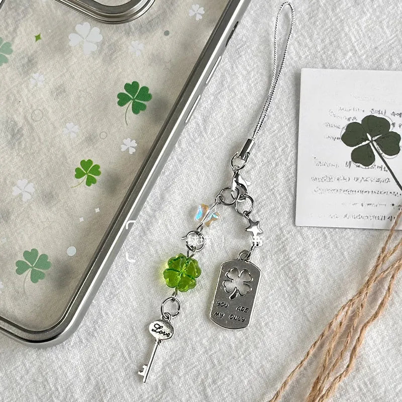 Phone Jewelry Plant Phone Charm Hangings Lucky Four Leaf Grass Phone Strap Keychain Acrylic Charm Suitable for Bags and Keys